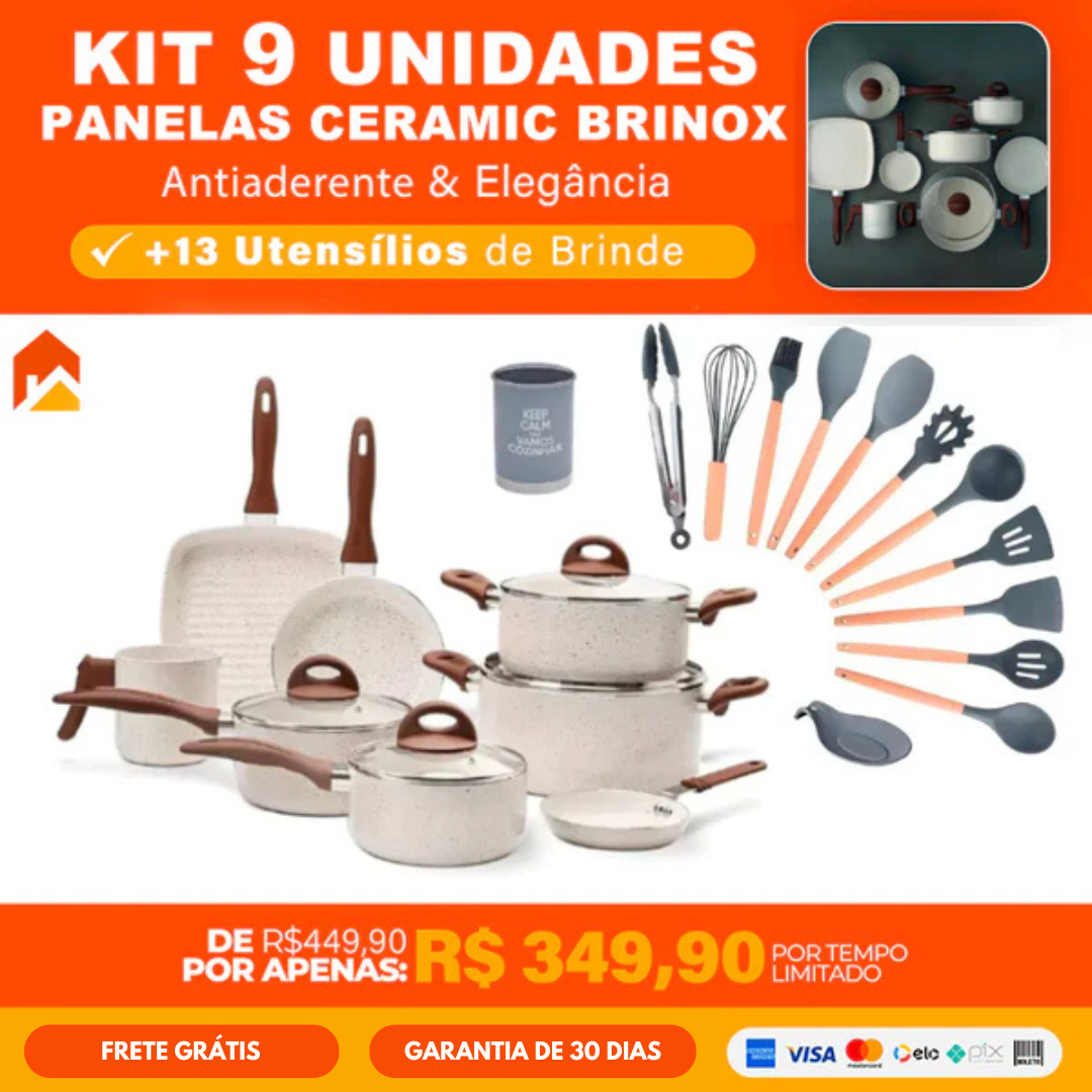 Jogo Completo 9 Panelas Ceramic® + 13 Utensílios de Brinde