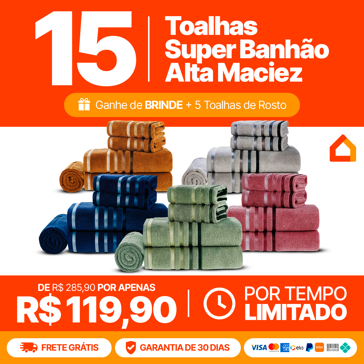 Kit com 15 Toalhas Super Banhão + 5 Toalhas de Rosto de Brinde