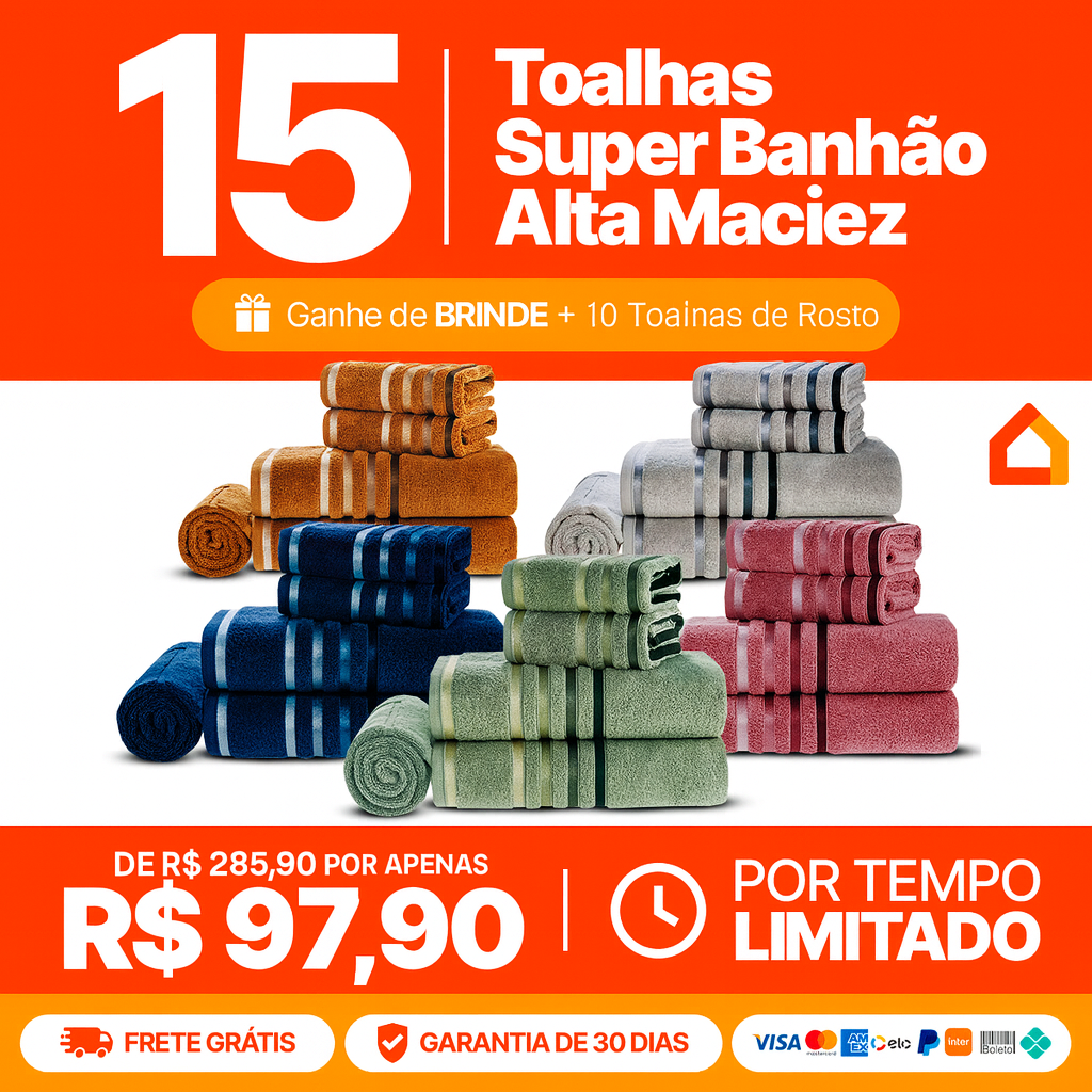 Kit com 15 Toalhas Super Banhão + 10 Toalhas de Rosto de Brinde